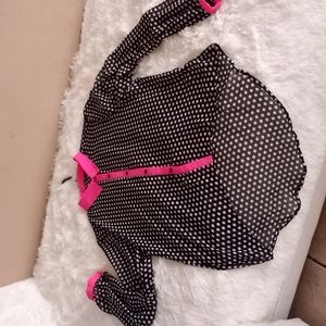 Button down black, white, and neon pink blouse